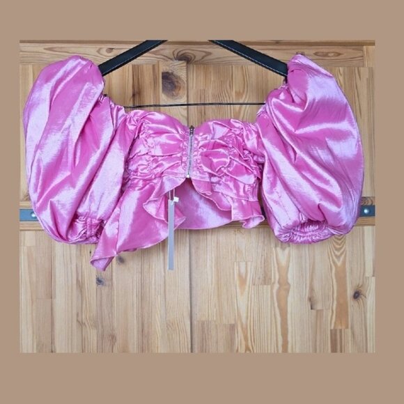 NWT FOR LOVE AND LEMONS JUDITH PINK SATIN CROPPED BLOUSE TOP SIZE S - Picture 6 of 8